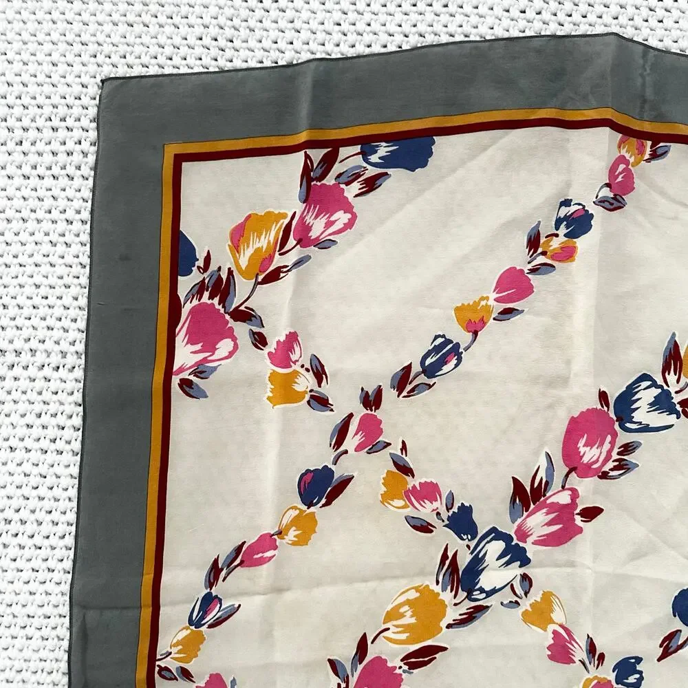 Christian Dior Vintage Grey Square Border Floral Diagonal Grid Silk Scarf Read